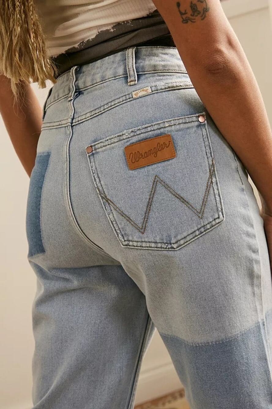 Billabong x Wrangler Cotton Patchwork Straight Jeans High Rise Size 30 Raw Hem